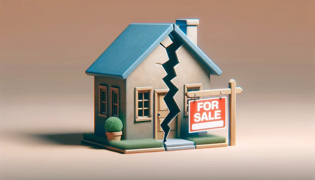 A house with a crack down the middle signifying a divorce. A for sale sign out front.