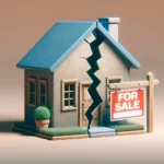 A house with a crack down the middle signifying a divorce. There's a for sale sign out front.