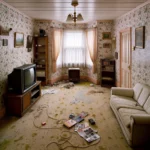 A dirty, vacant living room with an old couch and tv.