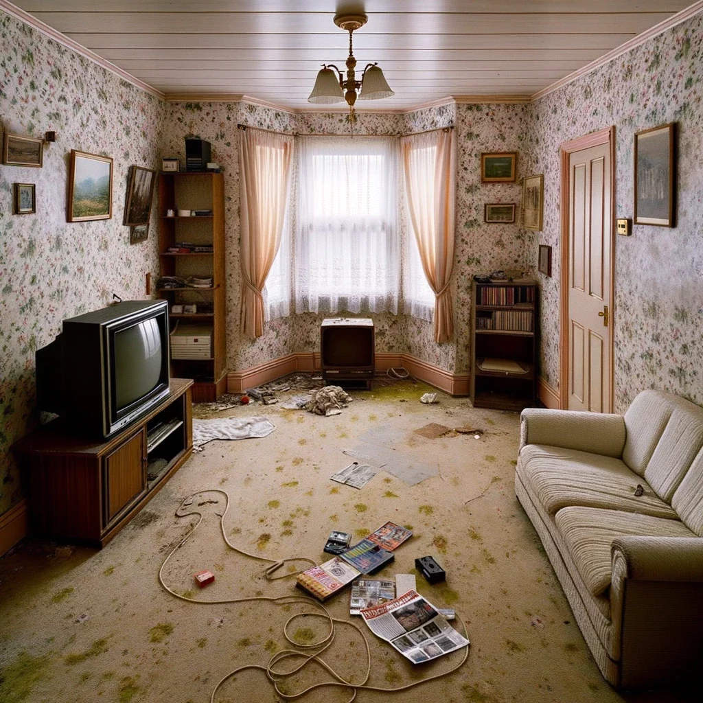 A dirty, vacant living room.