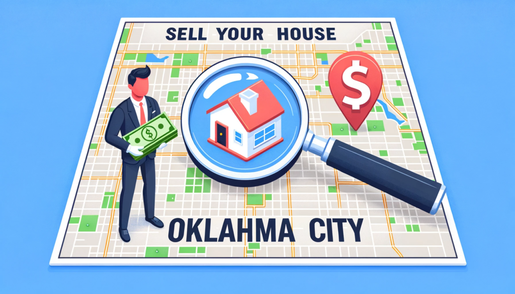 A map of Oklahoma City with a magnifying glass identifying the customer's house for sale.