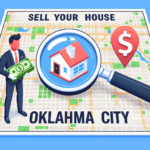 A map of Oklahoma City with a house magnified and a cash buyer there.