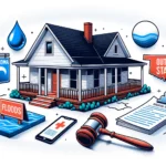 A house surrounded by graphics of floods, medical bills, judgements, etc.