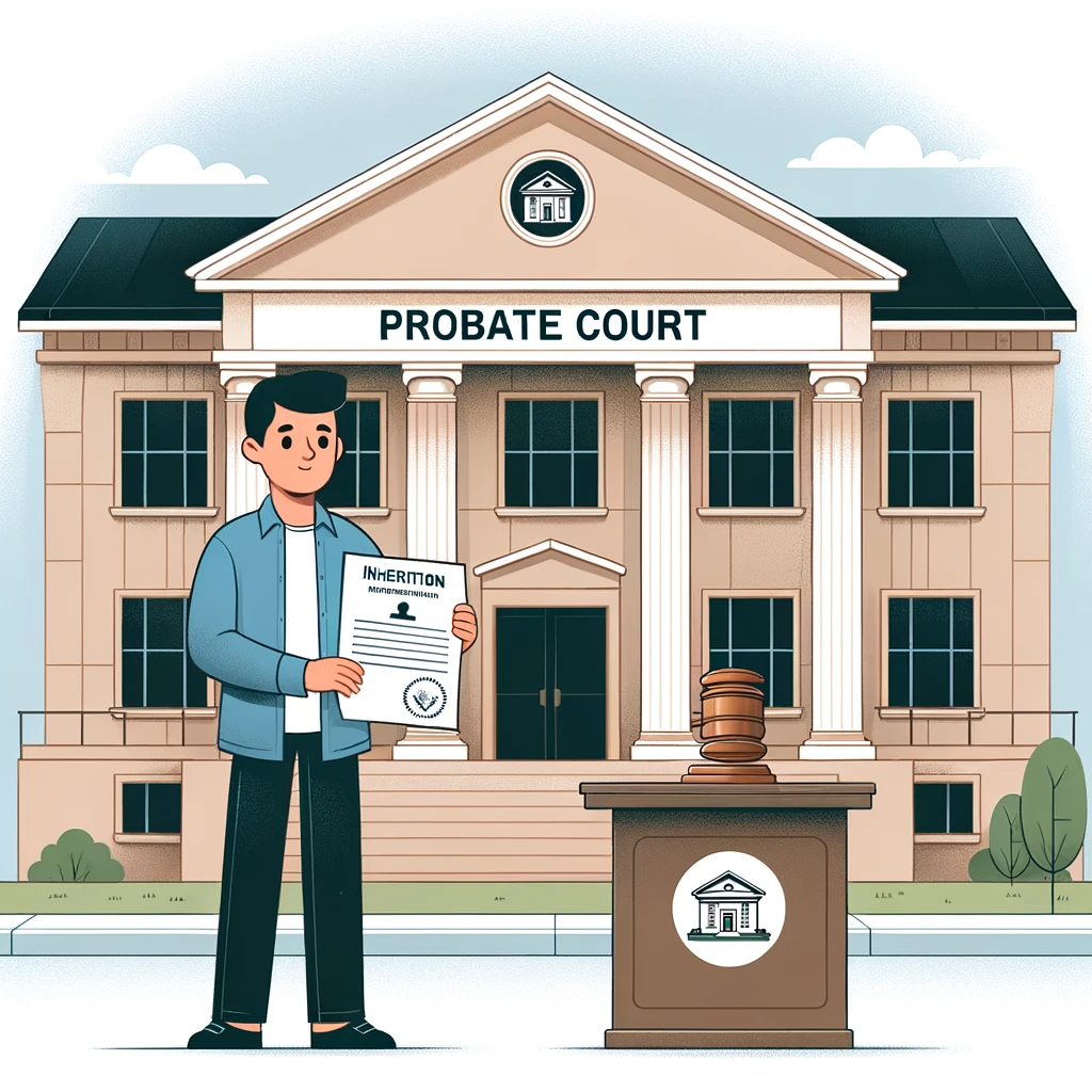 A person out front of probate court, receiving a house in inheritance.