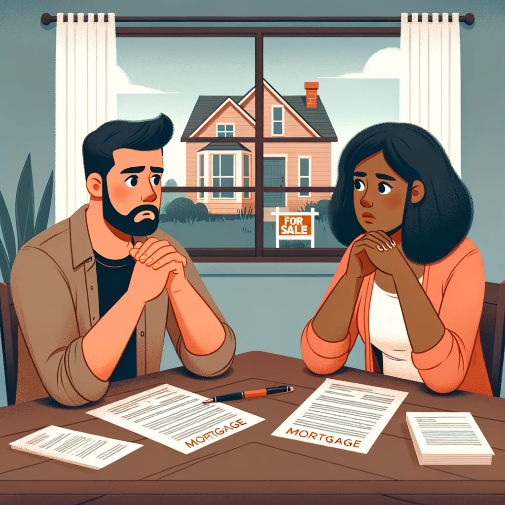 A couple at a table discussing selling their property due to pre-foreclosure.