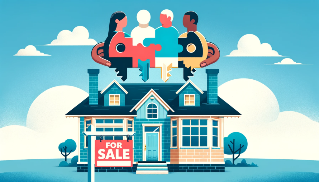 4 people discussing selling a house.
