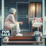 A woman looking at a for sale and for rent sign, contemplating what to do.