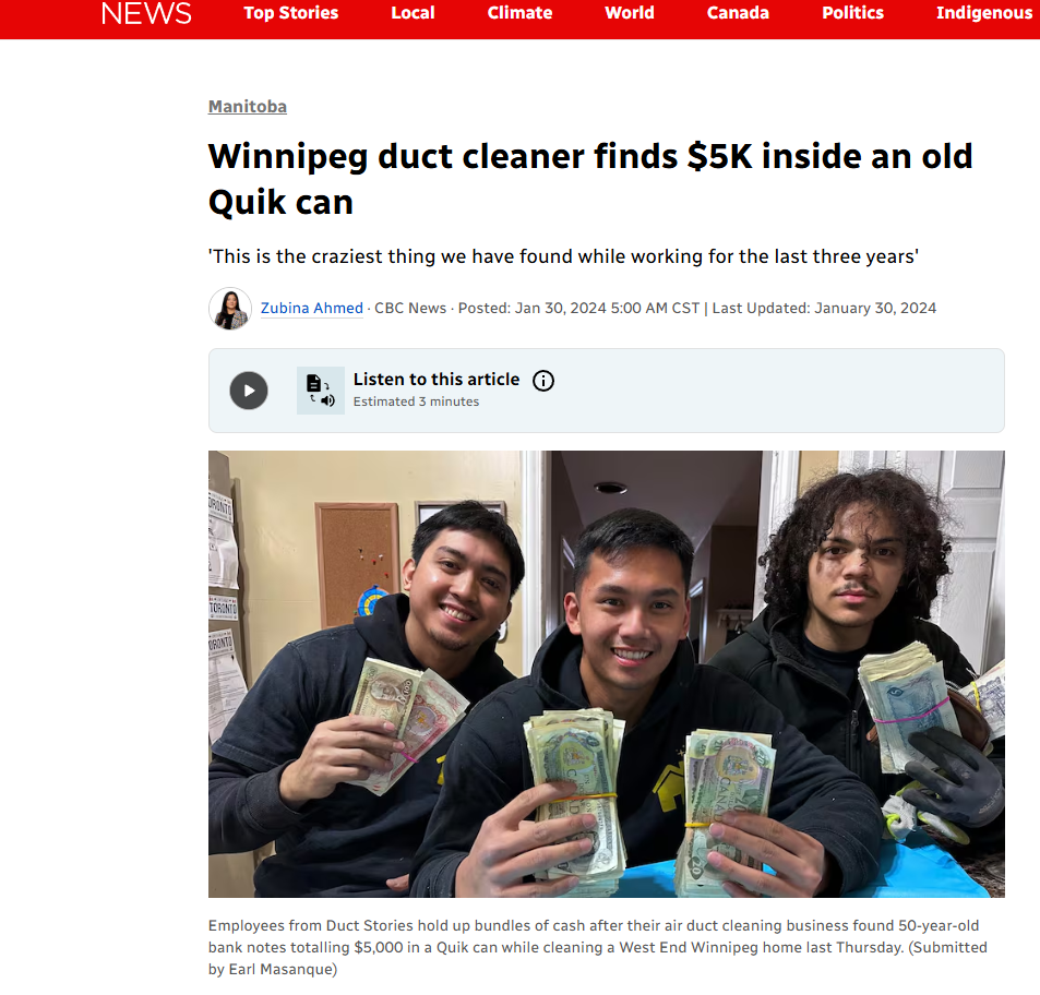 three workers from the duct stories duct cleaning services found cash in the house of a client