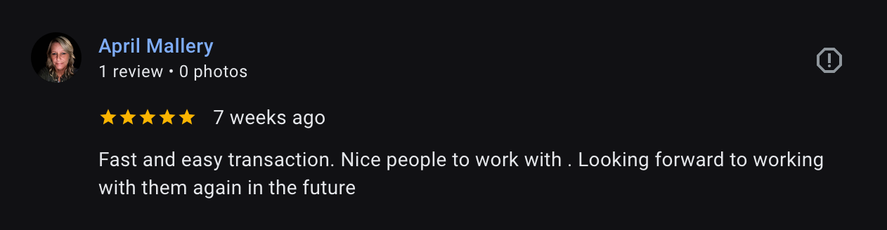 April Mallery's review for KK Buys Indy Homes- Fast and easy transaction. Nice people to work with. Looking forward to working with them again in the future