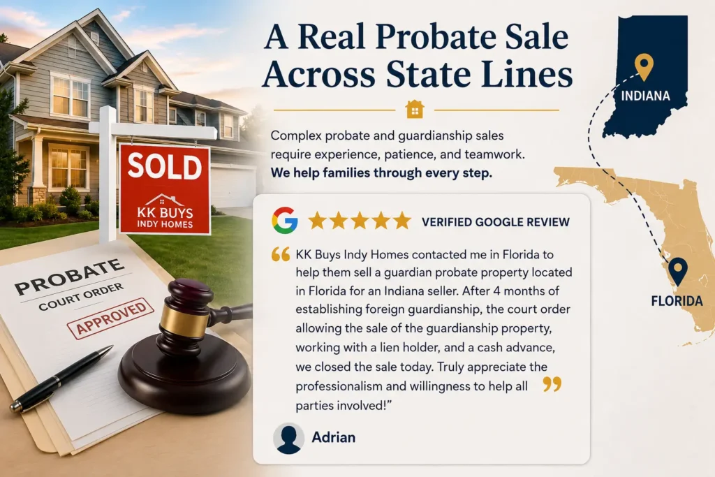 ⭐⭐⭐⭐⭐ Verified Google Review
"KK Buys Indy Homes contacted me in Florida to help them sell a guardian probate property located in Florida for an Indiana seller. After four months of establishing foreign guardianship, obtaining the court order allowing the sale, working with a lien holder, and coordinating a cash advance, we closed the sale today. Truly appreciate the professionalism and willingness to help all parties involved!"
— Adrian