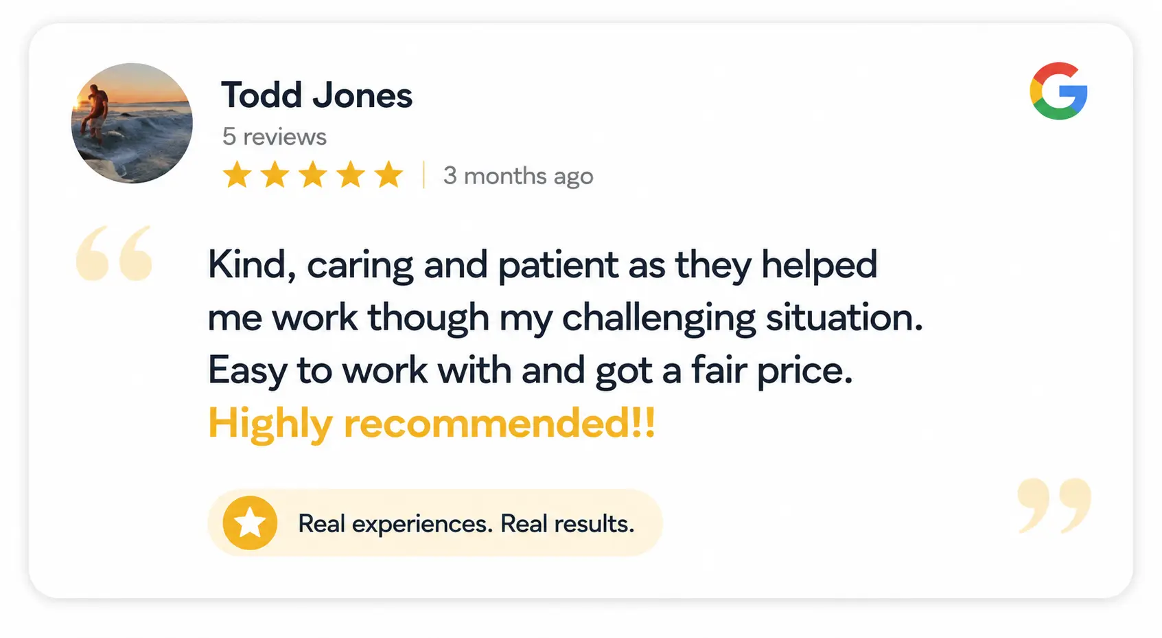 Kent was kind, caring and patient as they helped me work though my challenging situation. Easy to work with and got a fair price. Highly recommended!! -Todd Jones