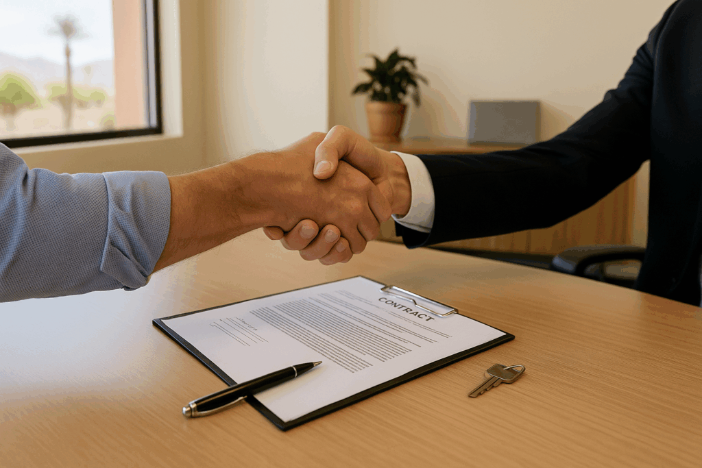 Private off-market cash closing in Yuma—title company handshake at closing table.