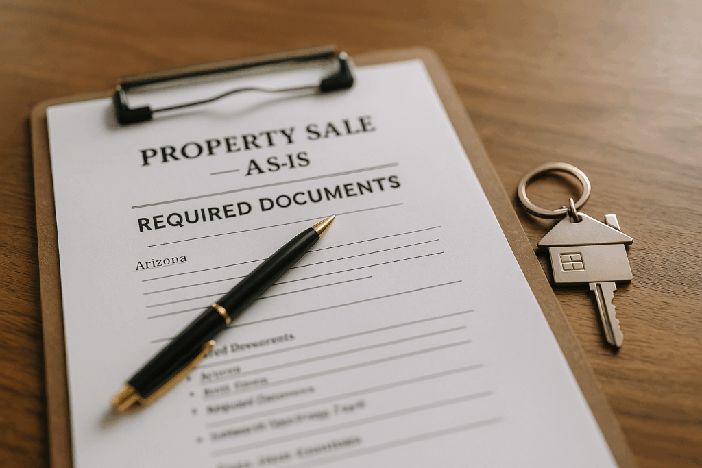 Documents to sell an inherited house in Yuma, AZ — death certificate, will/trust, Letters of Personal Representative, title deed, keys.