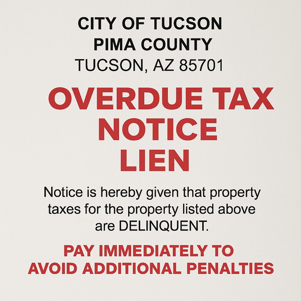 Overdue tax notice  lien document (alt Tucson property tax delinquency notice sent to homeowner).