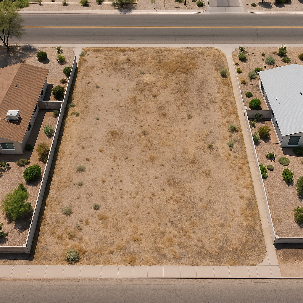 Aerial view of an infill residential lot surrounded by homes in Arizona — Red Rock Properties buys vacant land for cash in Tucson, Phoenix, and Yuma.