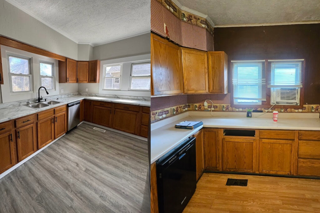 Before and after photos of the kitchen of a project by We Flip Houses.