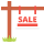 Icon of a 'For Sale' sign with a red background, placed on green grass, indicating a property for sale.