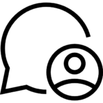 A simple line art icon representing a speech bubble with a user avatar inside, symbolizing communication, messaging, or user interaction.