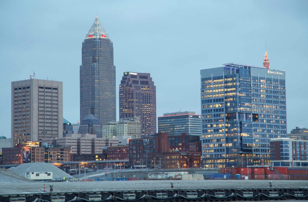 Skyline of Cleveland, Ohio, showcasing its modern high-rise buildings and urban architecture at dusk.