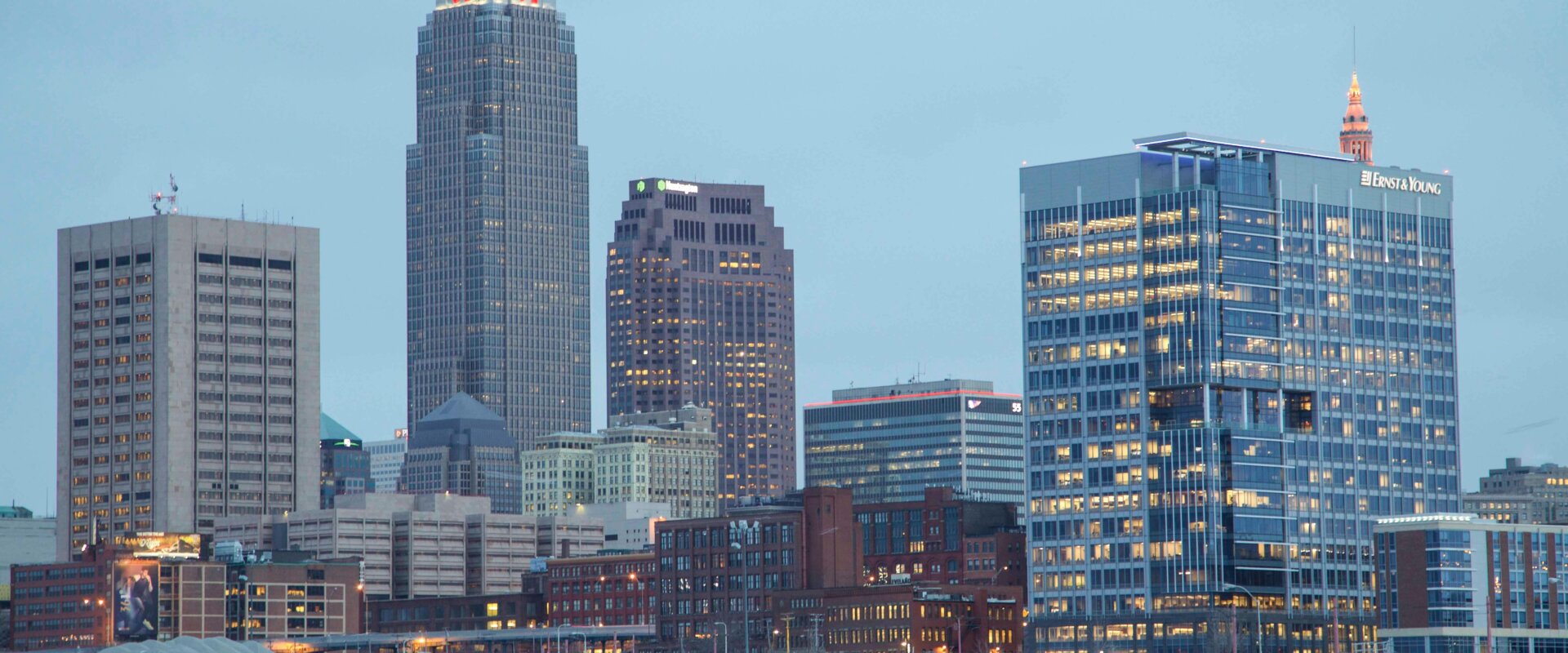 Skyline of Cleveland, Ohio, showcasing its modern high-rise buildings and urban architecture at dusk.