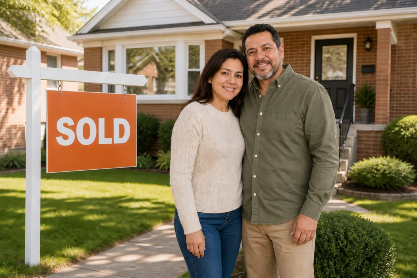 Hispanic homeowner couple beside a sold sign in front of a Chicago brick home