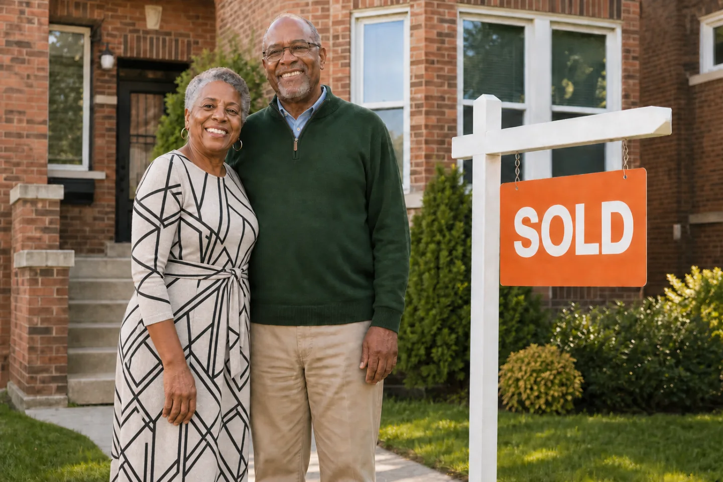 Older Black homeowner couple beside a sold sign in front of a Chicago brick home