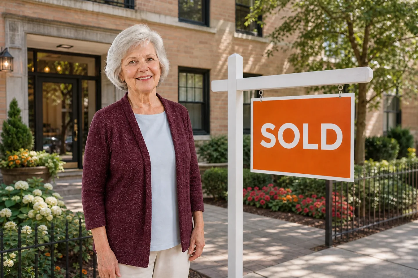 Senior woman beside a sold sign outside a Chicago condominium