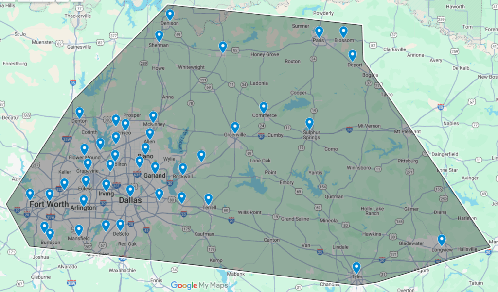 Map of Hidden Leaf Holdings service area for mortgage buyouts and foreclosure relief in DFW & NE TX