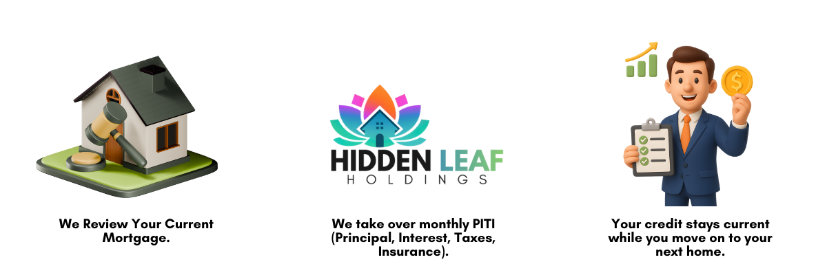 Infographic explaining how Hidden Leaf Holdings takes over mortgage payments in a DFW & NE TX Subject-To transaction.