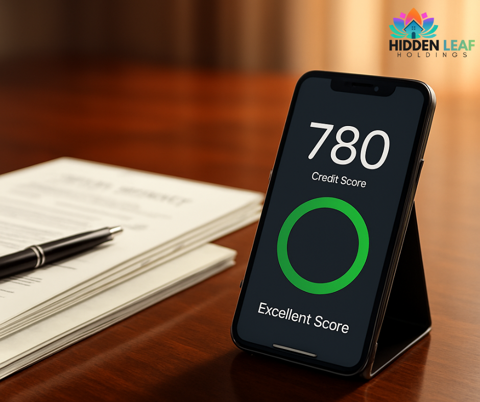 Professional real estate documents and a credit score app displaying improvement after a DFW or NE TX mortgage buyout by Hidden Leaf Holdings