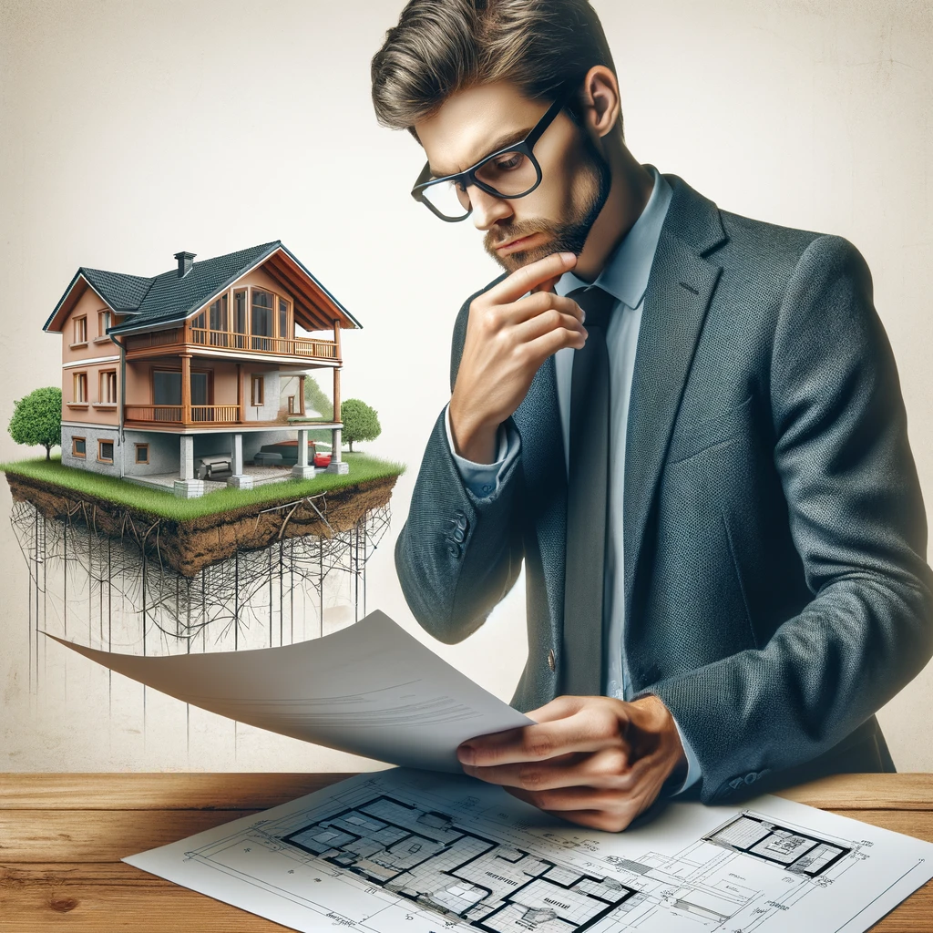 A Real Estate Investor Examining a Detailed Report on the Structural Integrity of a House with Foundation Damage