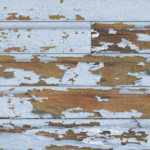 Close-up photo of weathered wooden siding with peeling white paint, revealing underlying wood, indicative of potential lead paint issues in older homes.