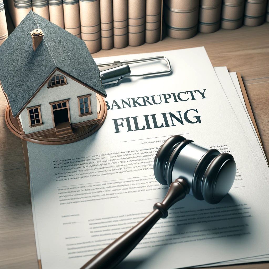 A gavel rests on legal documents labeled 'Bankruptcy Filing' with a model house beside them, symbolizing the legal process of filing for bankruptcy involving real estate in Ohio.