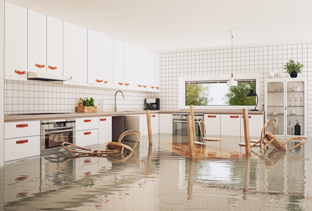 "Flooded modern kitchen interior in Ohio home highlighting the need for repair and sale strategies for flood-damaged property."