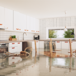 "Flooded modern kitchen interior in Ohio home highlighting the need for repair and sale strategies for flood-damaged property."