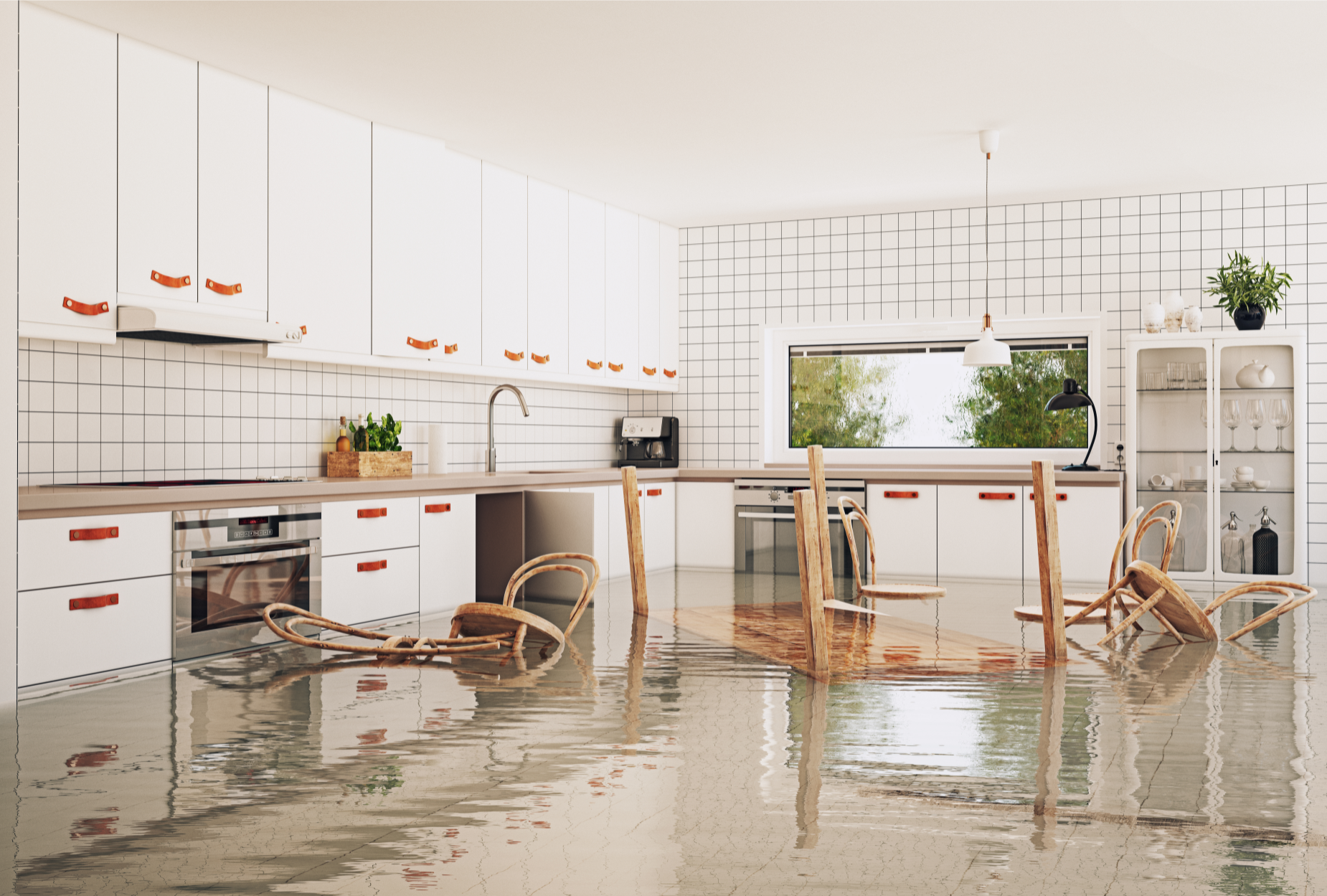"Flooded modern kitchen interior in Ohio home highlighting the need for repair and sale strategies for flood-damaged property."