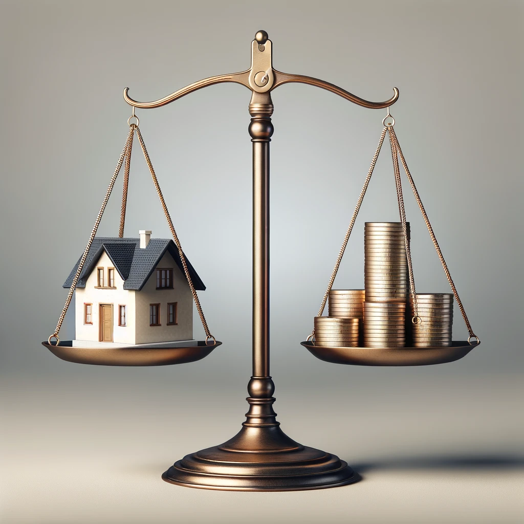 A scale of justice balances a model house on one side and a stack of coins on the other, depicting the financial and legal considerations in bankruptcy cases related to real estate.