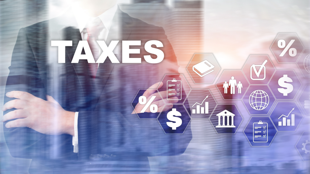 SEO-optimized alt text for the provided image could be:
"Businessman with overlay of tax icons highlighting capital gains, percentages, family, dollar sign, bank, and growth charts, relating to Ohio rental property sales tax guide."
