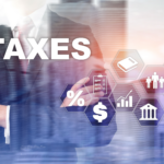 SEO-optimized alt text for the provided image could be: "Businessman with overlay of tax icons highlighting capital gains, percentages, family, dollar sign, bank, and growth charts, relating to Ohio rental property sales tax guide."