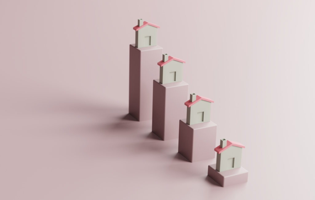 Ascending house models depicting rising property values in Ohio, visualizing real estate pricing trends for effective home selling.
