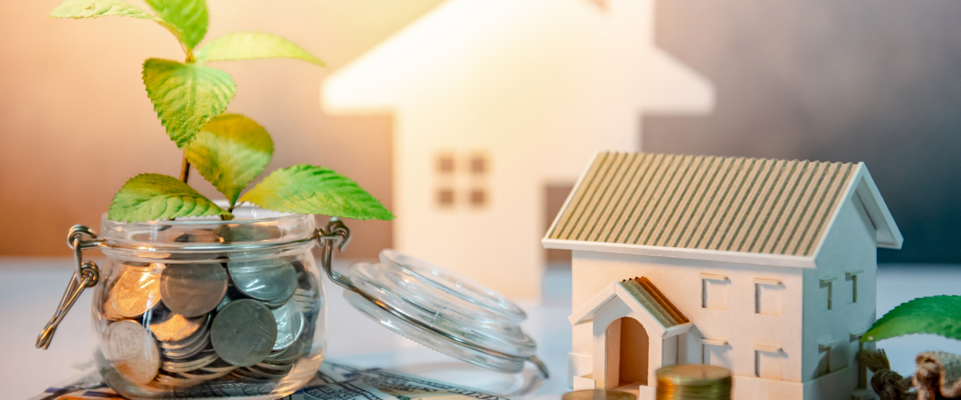 Saving money on Akron home sales with coins, house models, and growing plant representing financial growth.