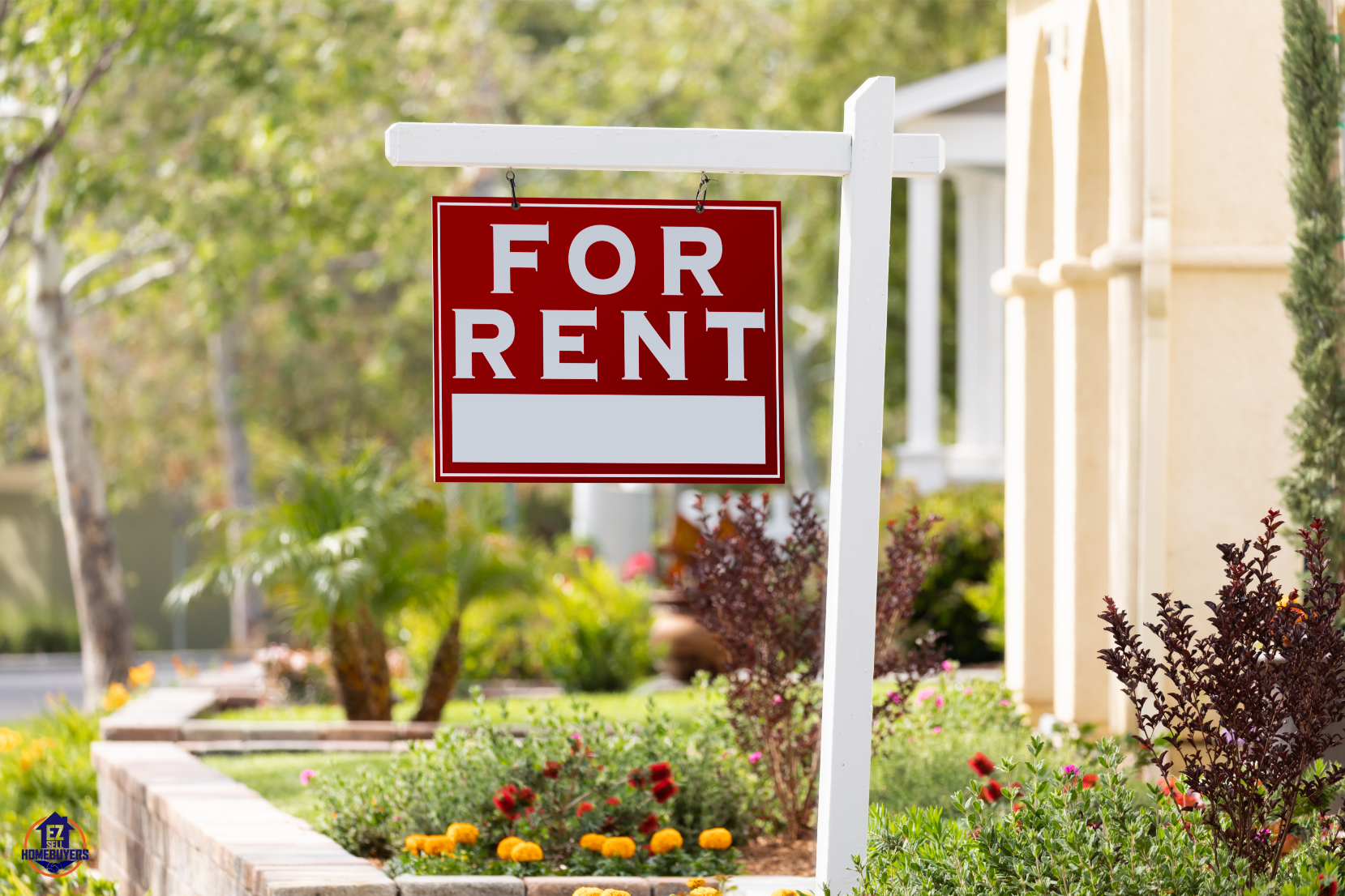 Inviting Cleveland home with 'For Rent' sign amidst vibrant garden, perfect for rental conversion.