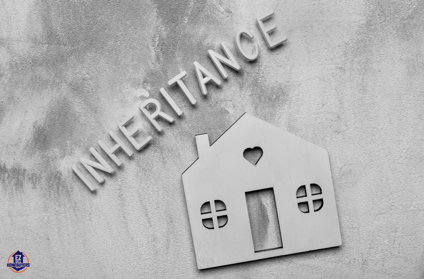 Black and white image of INHERITANCE text with a wooden house silhouette on textured background, symbolizing home inheritance issues.