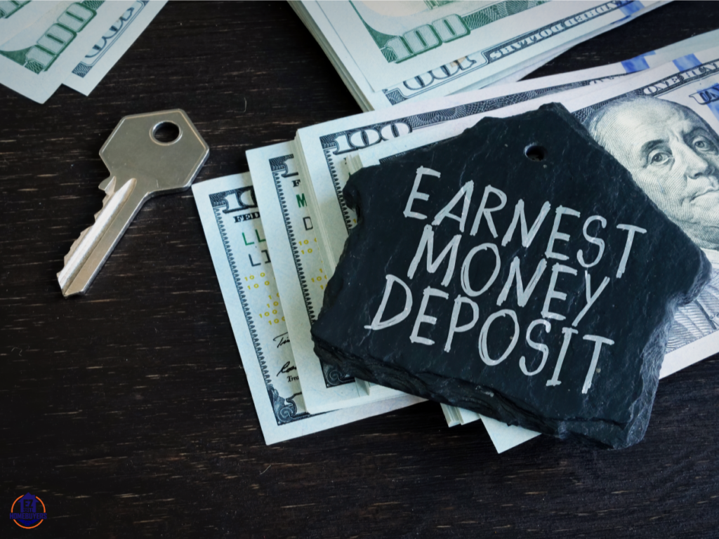 Key and stack of dollar bills with a slate tag reading 'Earnest Money Deposit' symbolizing the initial financial commitment in Ohio home buying process.