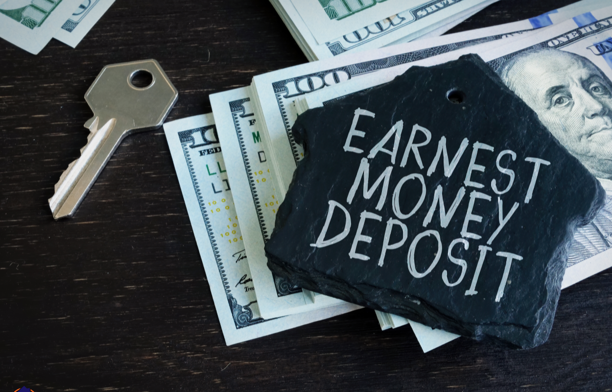 Key and stack of dollar bills with a slate tag reading 'Earnest Money Deposit' symbolizing the initial financial commitment in Ohio home buying process.