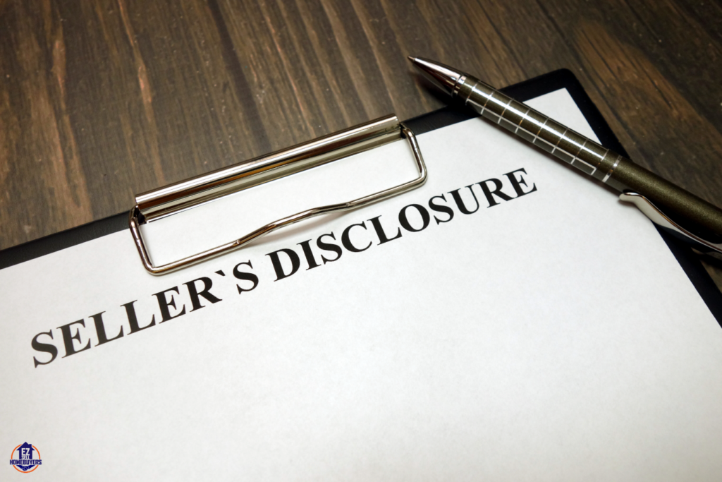Close-up of a Seller's Disclosure form for property sale on a wooden table with a clipboard and a metal pen, indicating legal documentation for Ohio home sellers.