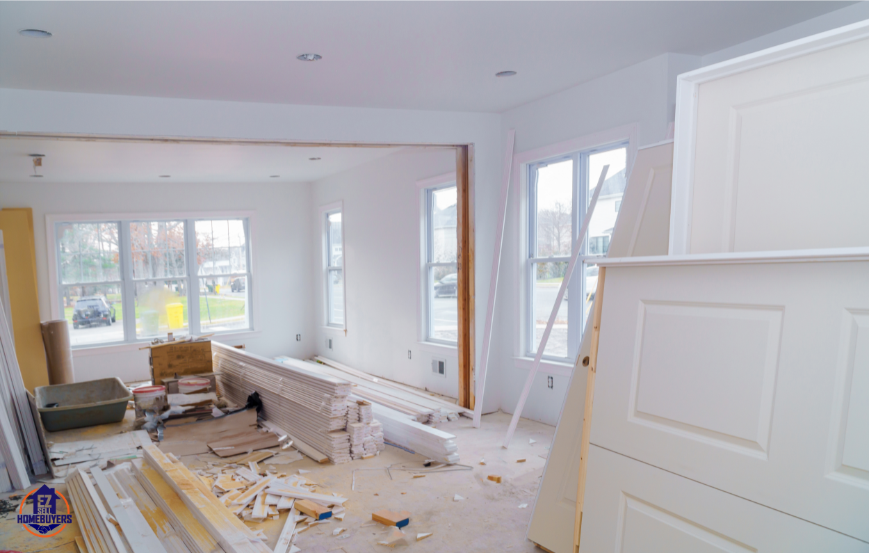 Home renovation in progress with materials and tools scattered, representing the house flipping process by EZ Sell Homebuyers in Ohio. Sell your home as-is for cash in Dayton, Cincinnati, Columbus, Cleveland, Akron, and Toledo.