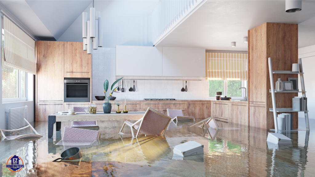 Flooded kitchen in a rental property, illustrating the importance of landlord insurance coverage for lost rent due to property damage in Ohio