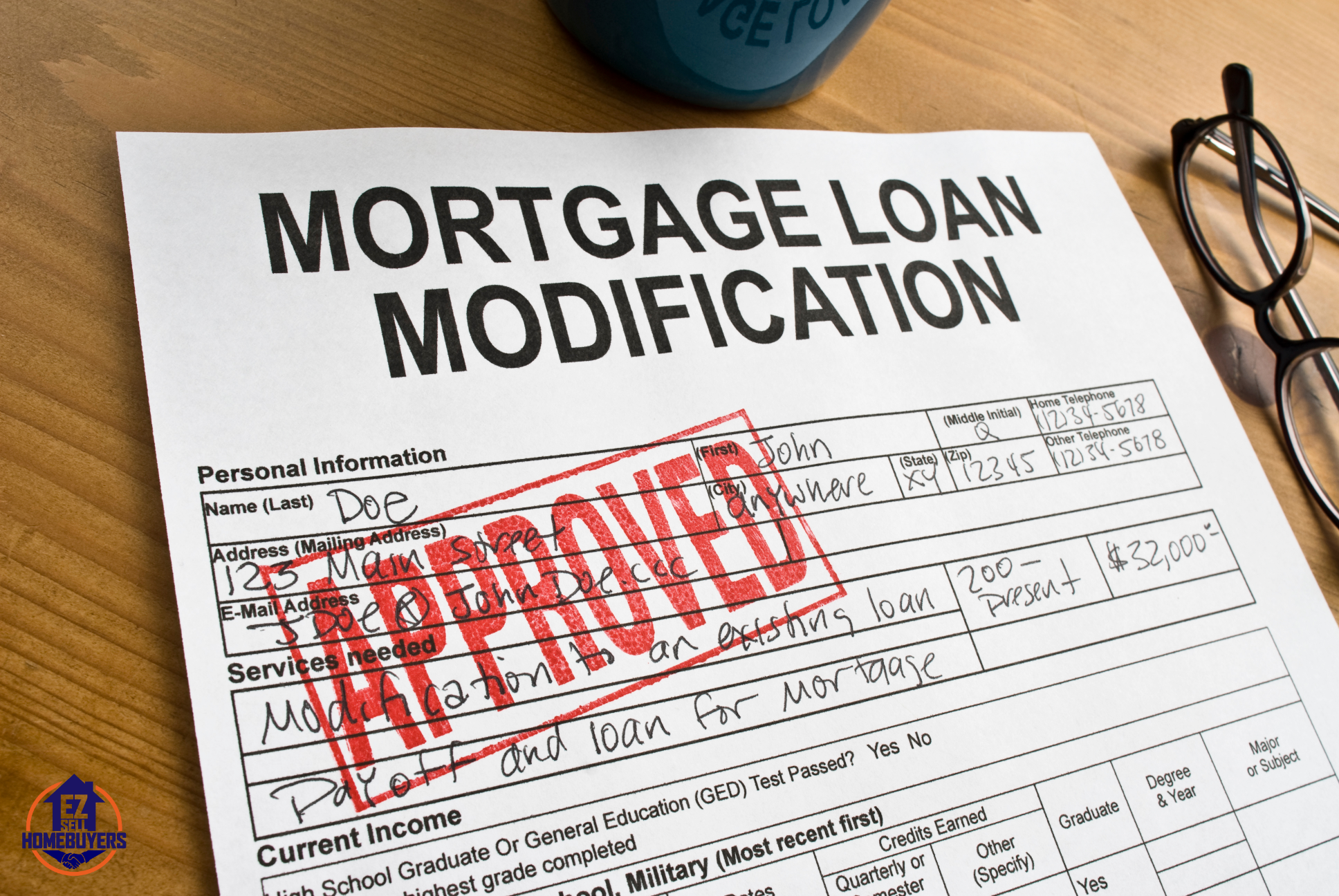 Approved mortgage loan modification application form for John Doe, highlighting the loan modification process in Ohio. Image depicts a successful loan modification to reduce monthly mortgage payments, as discussed in the comprehensive guide to avoiding foreclosure in Ohio.