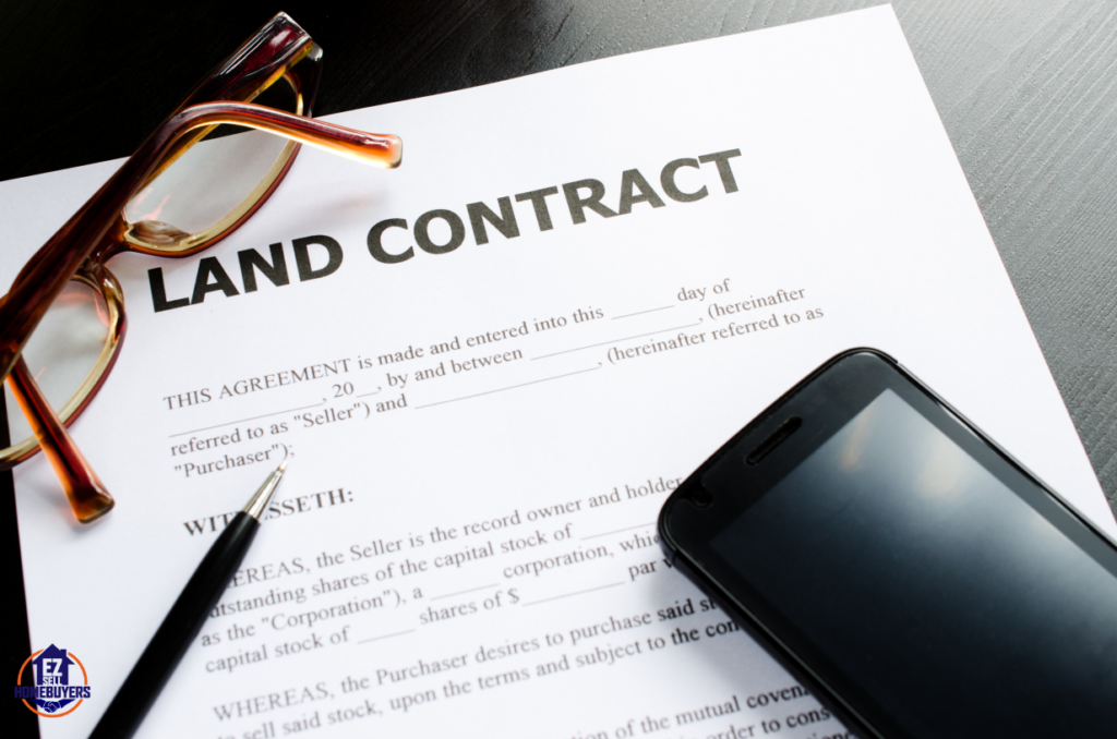 Land contract agreement document with glasses, pen, and smartphone representing real estate financing options in Ohio.